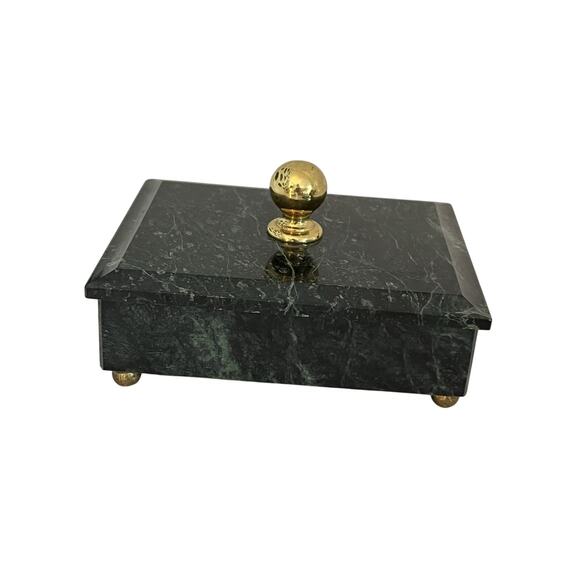 Vintage Green Marble Stone Footed Jewelry Trinket Vanity Box Lidded Brass - Picture 1 of 10